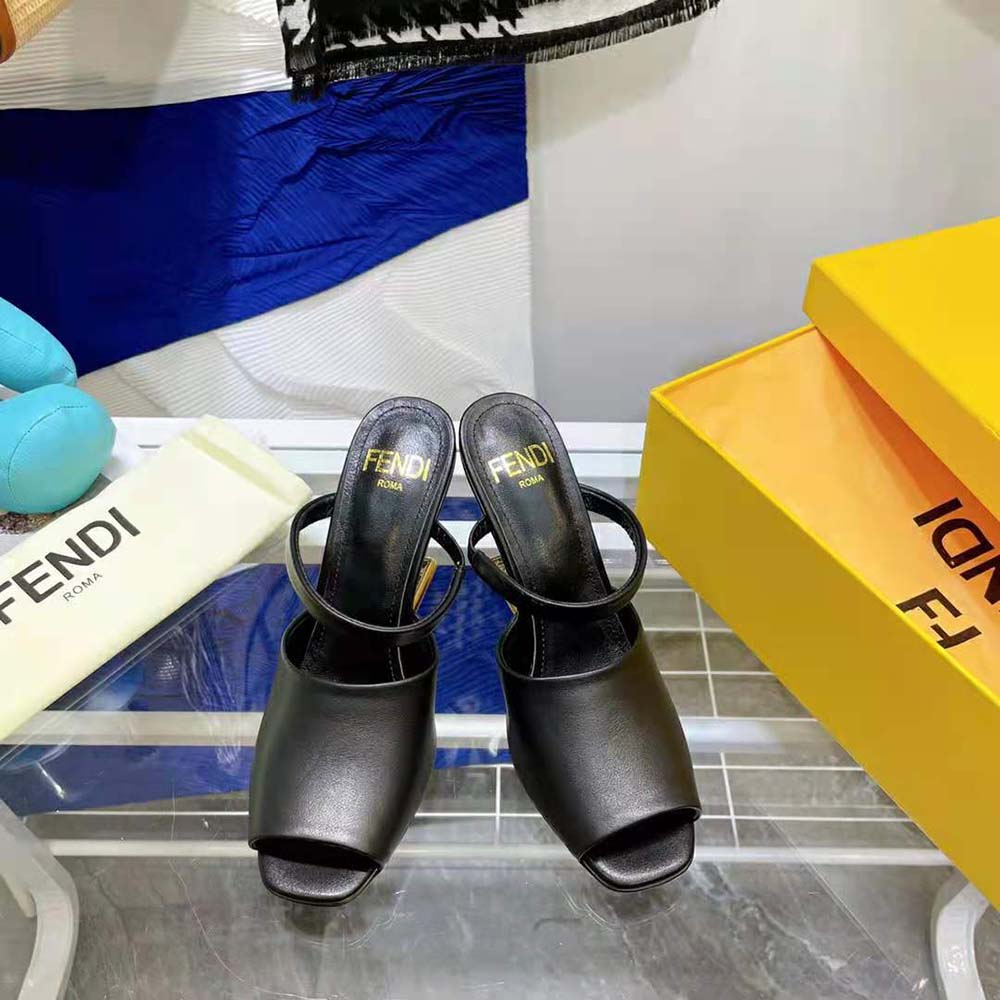 Fendi Women First Black Leather High-Heeled Sandals