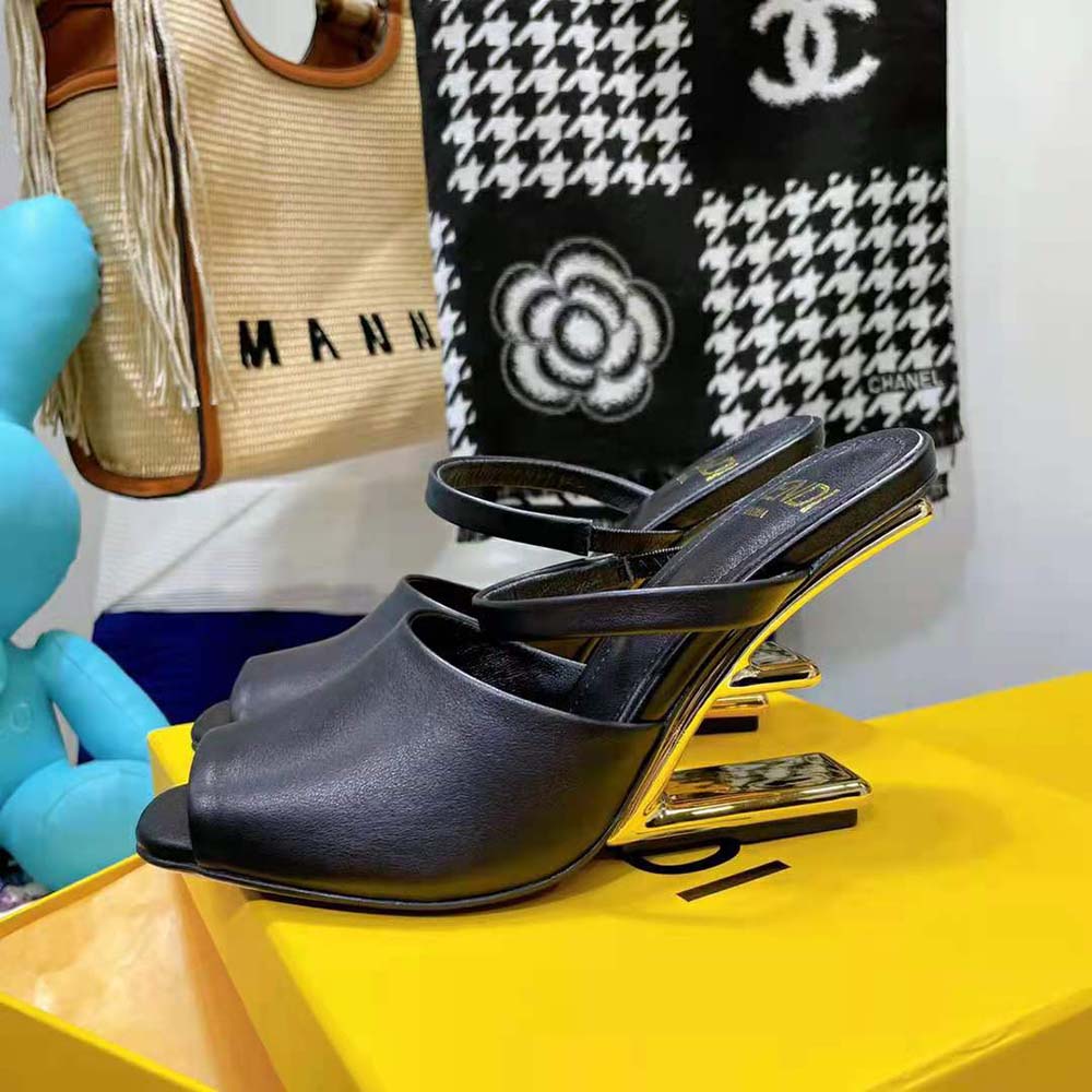 Fendi Women First Black Leather High-Heeled Sandals