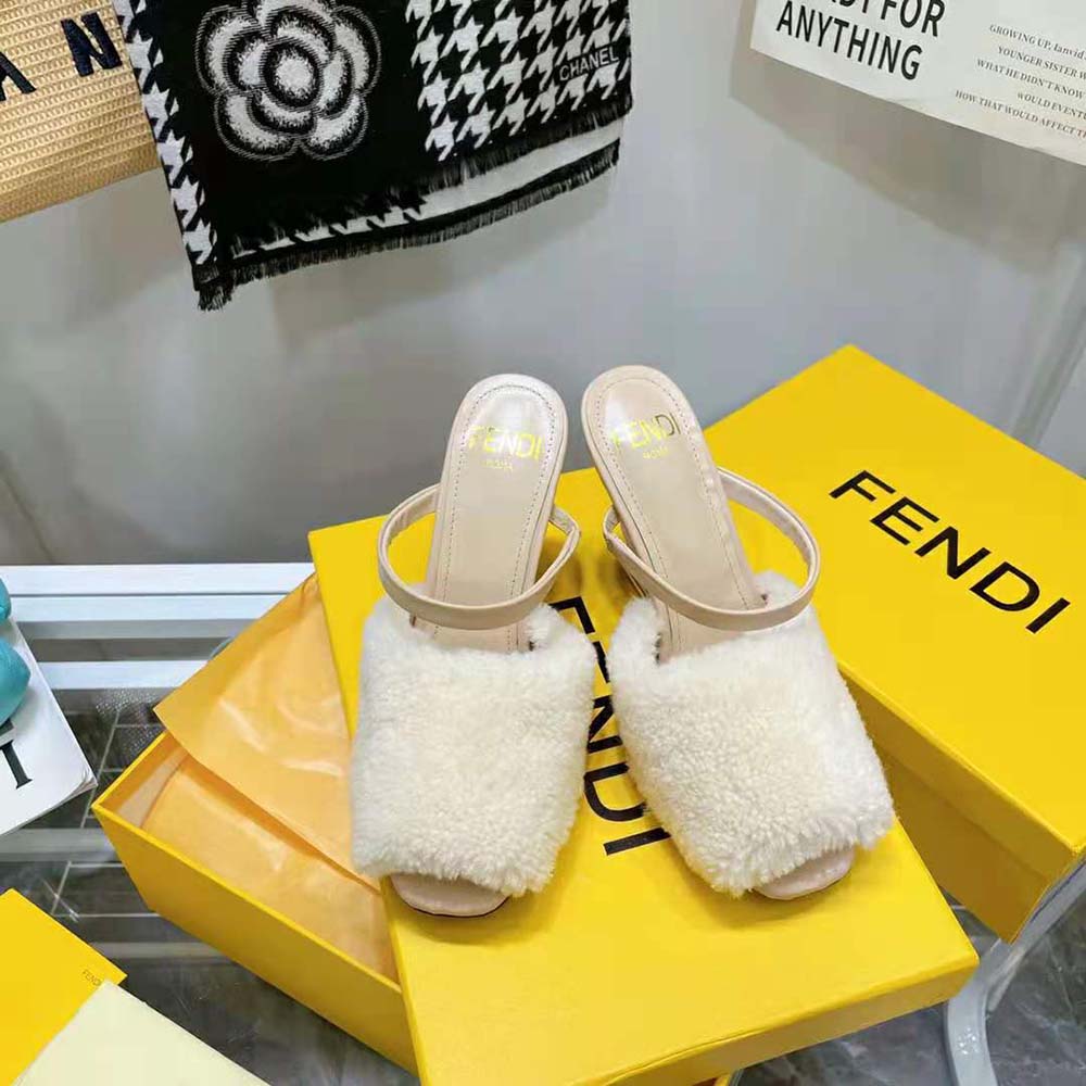 Fendi Women First White Sheepskin High-Heeled Sandals