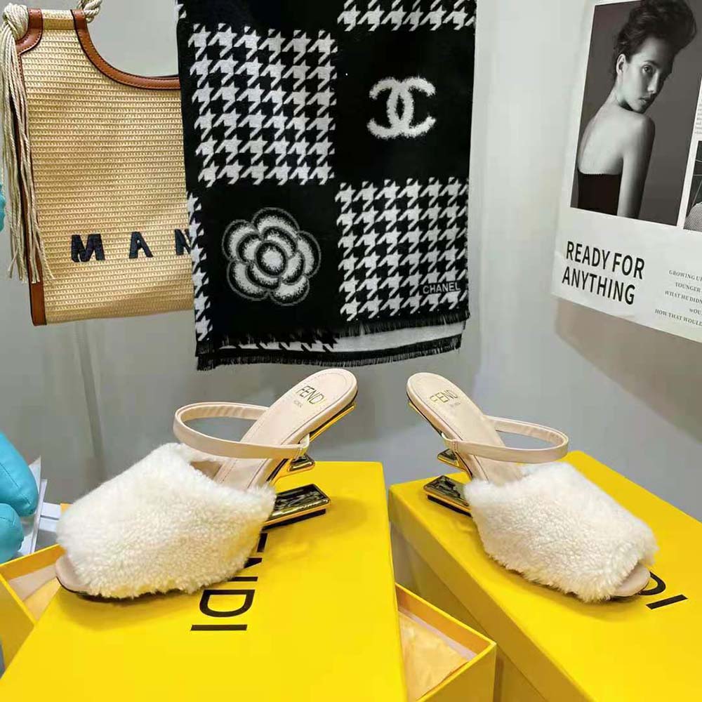 Fendi Women First White Sheepskin High-Heeled Sandals