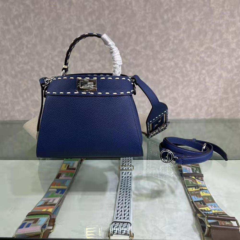 Fendi Women Peekaboo Iconic Mini Full Grain Leather Bag-Navy