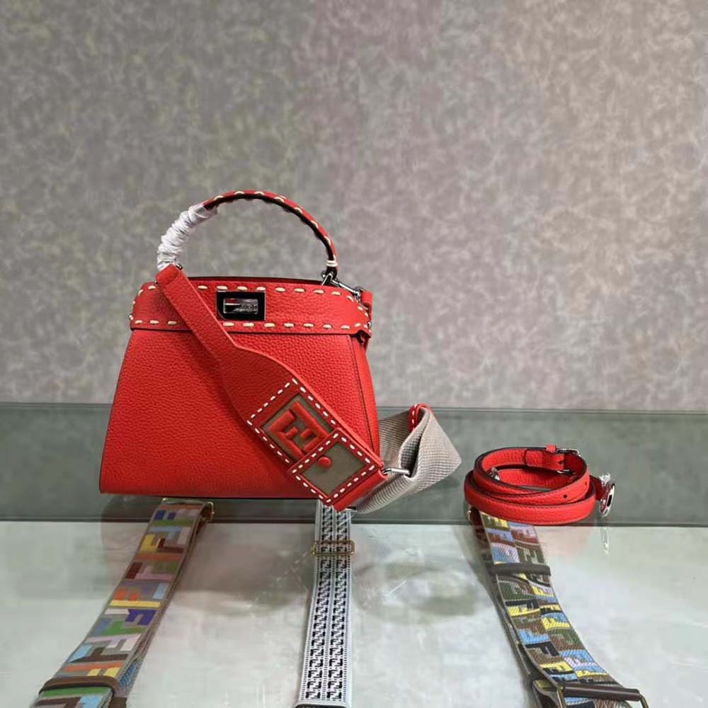 Fendi Women Peekaboo Iconic Mini Full Grain Leather Bag-Red