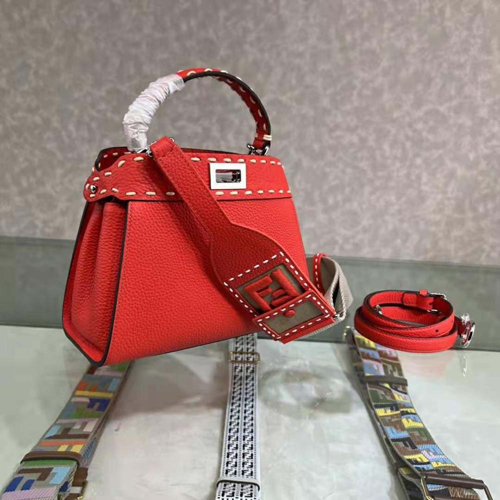 Fendi Women Peekaboo Iconic Mini Full Grain Leather Bag-Red
