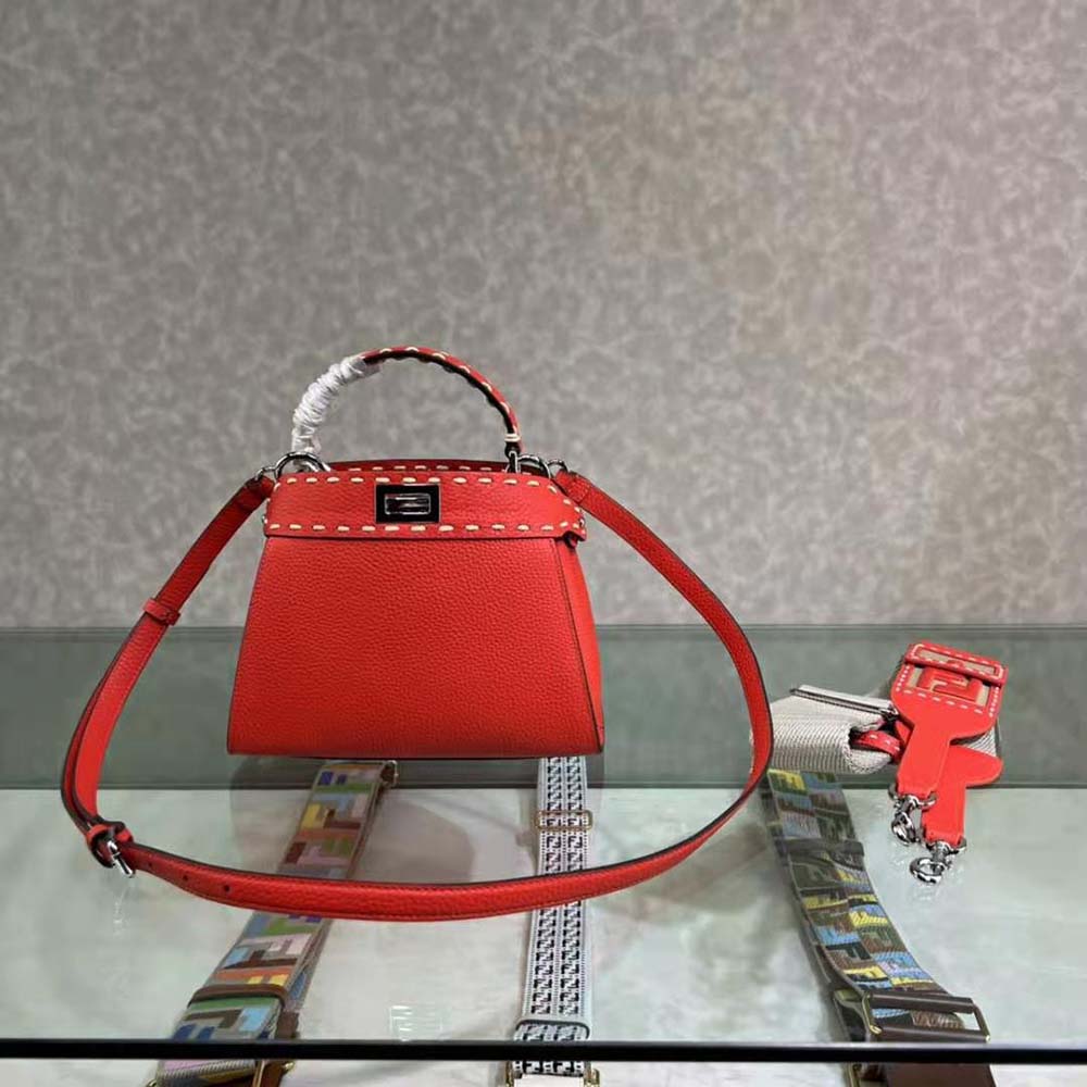 Fendi Women Peekaboo Iconic Mini Full Grain Leather Bag-Red