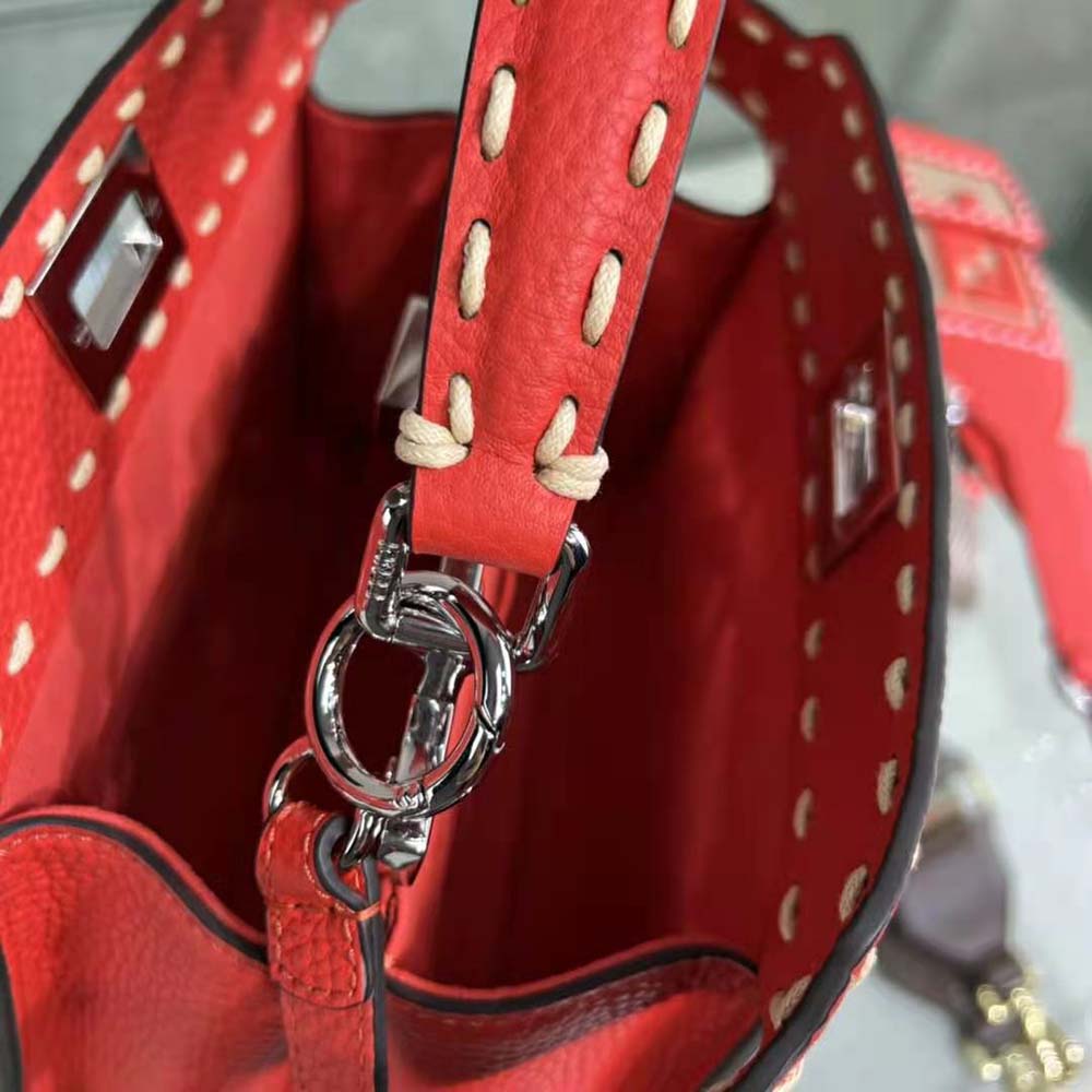 Fendi Women Peekaboo Iconic Mini Full Grain Leather Bag-Red