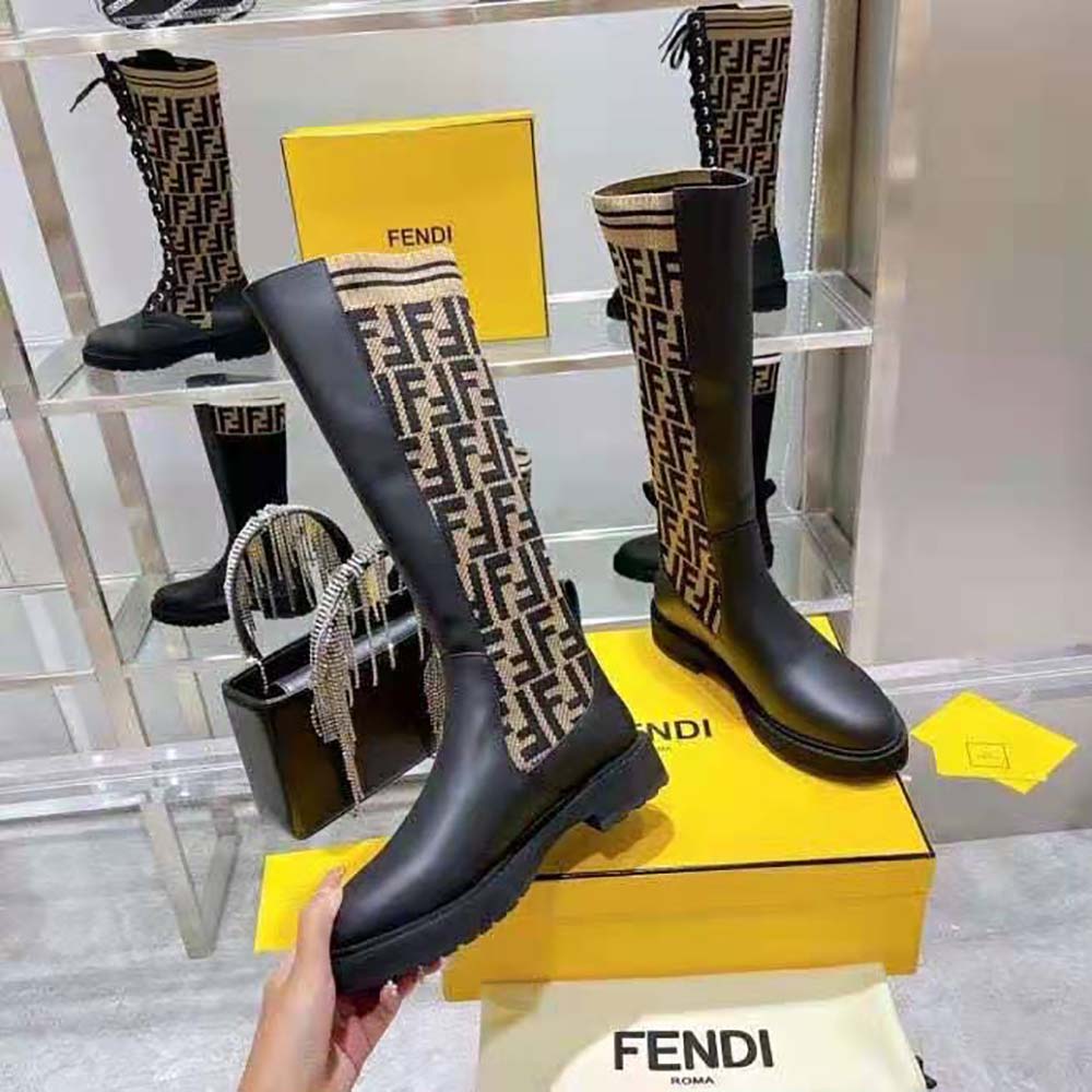 Fendi Women Rockoko Black Leather Ankle Boots with Stretch Fabric
