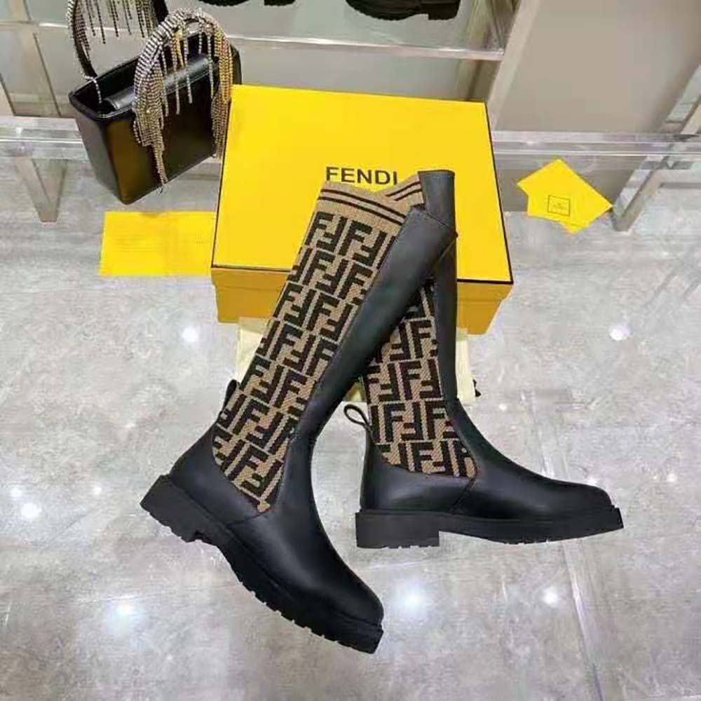 Fendi Women Rockoko Black Leather Ankle Boots with Stretch Fabric