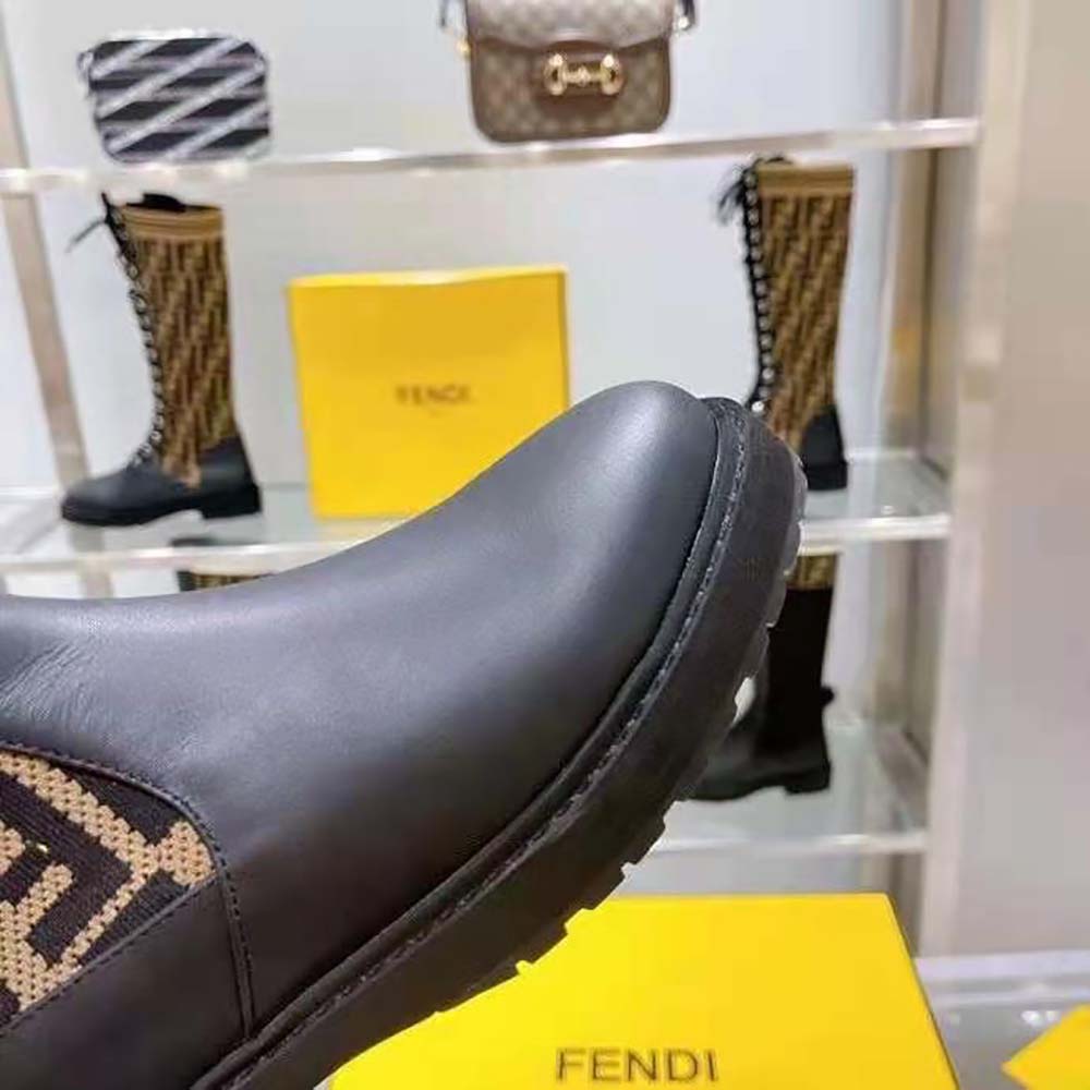 Fendi Women Rockoko Black Leather Ankle Boots with Stretch Fabric