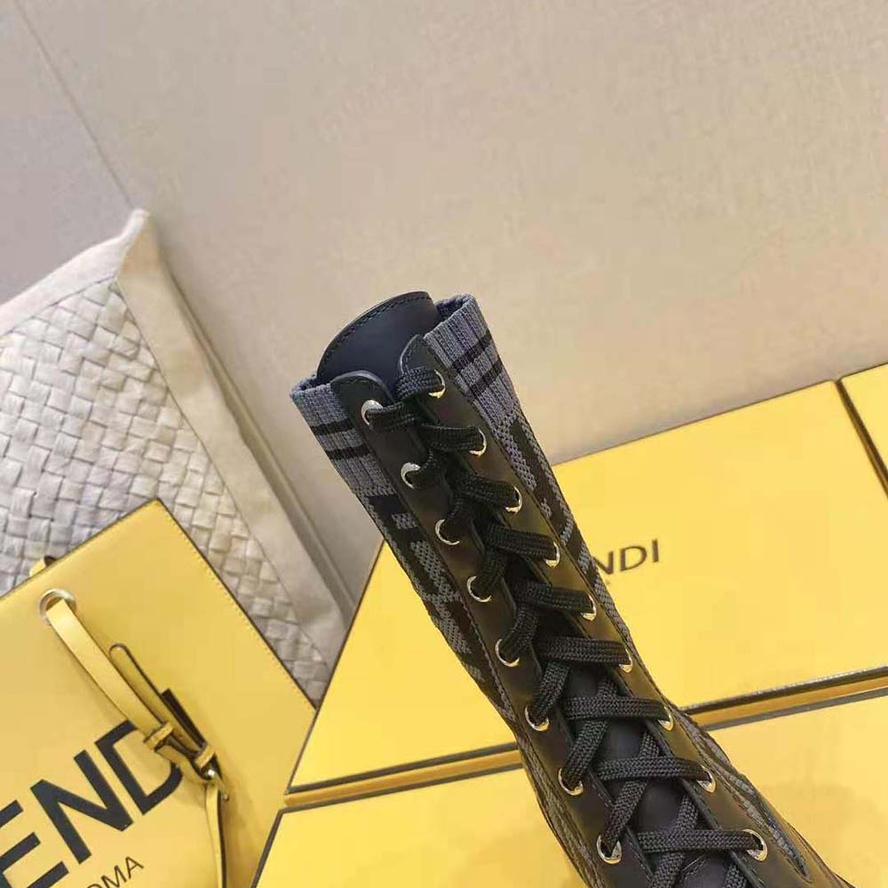 Fendi Women Rockoko Black Leather Biker Boots with Stretch Fabric