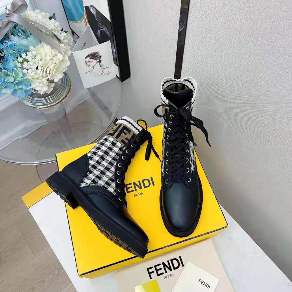 Fendi Women Rockoko Black Leather Biker Boots with Stretch Fabric