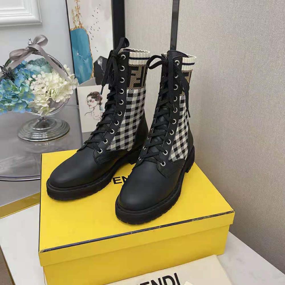 Fendi Women Rockoko Black Leather Biker Boots with Stretch Fabric