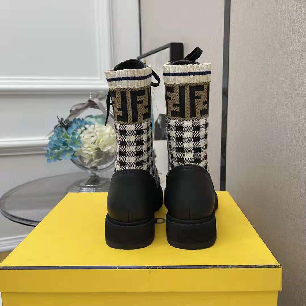 Fendi Women Rockoko Black Leather Biker Boots with Stretch Fabric