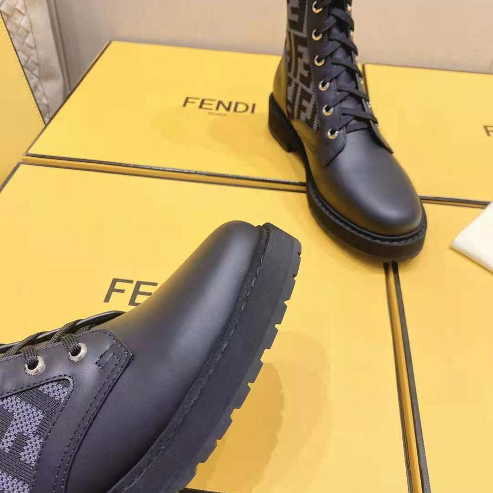 Fendi Women Rockoko Black Leather Biker Boots with Stretch Fabric