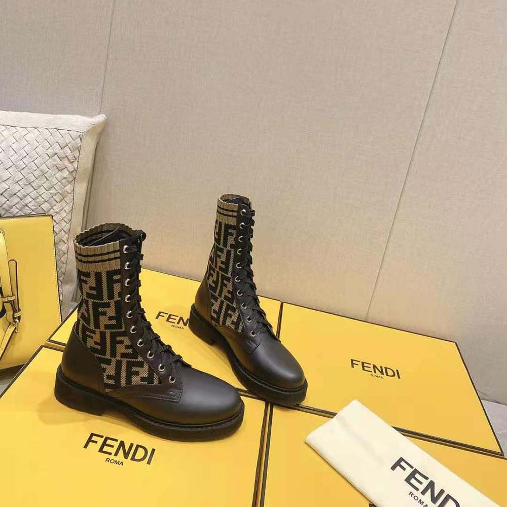 Fendi Women Rockoko Black/Brown Leather Biker Boots with Stretch Fabric