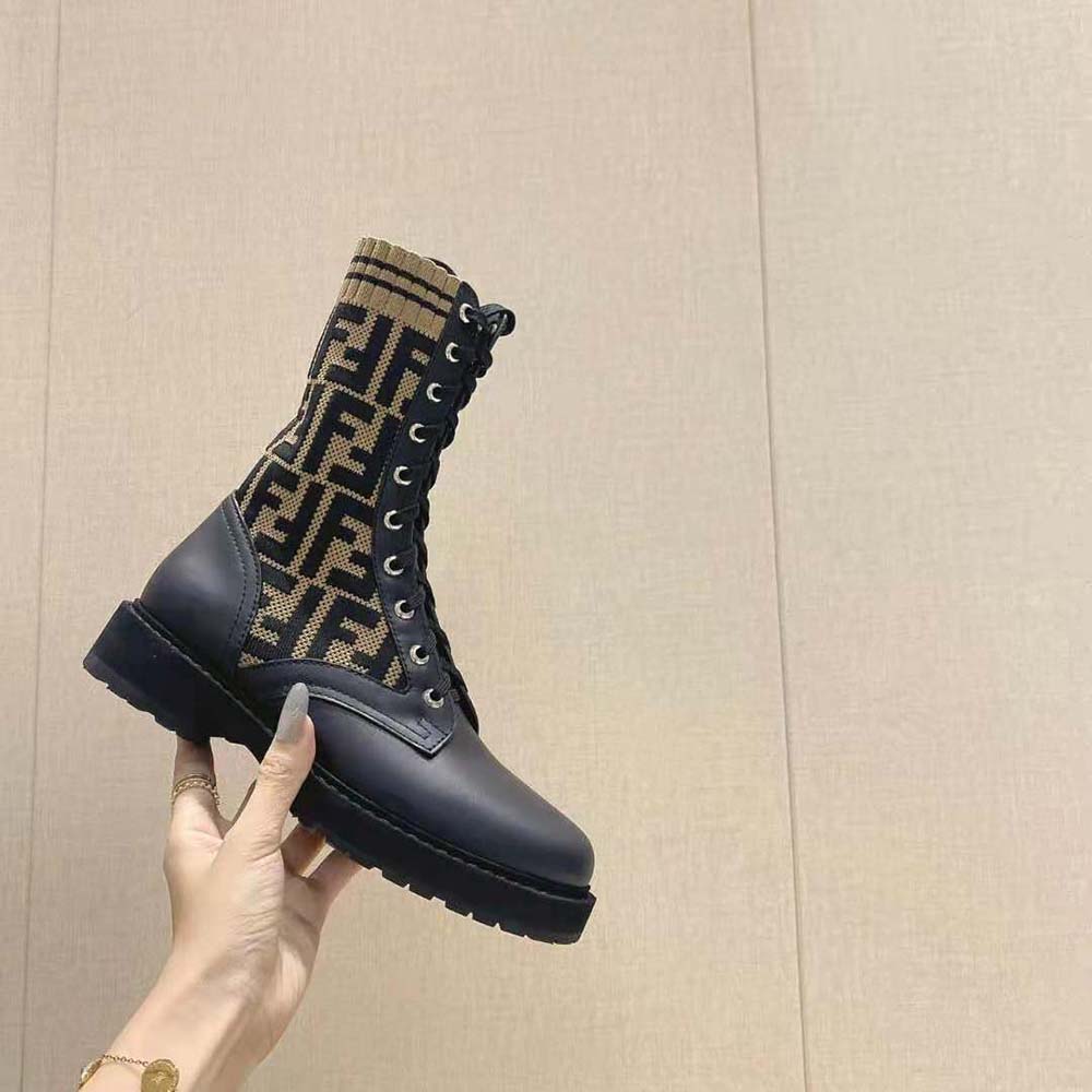 Fendi Women Rockoko Black/Brown Leather Biker Boots with Stretch Fabric