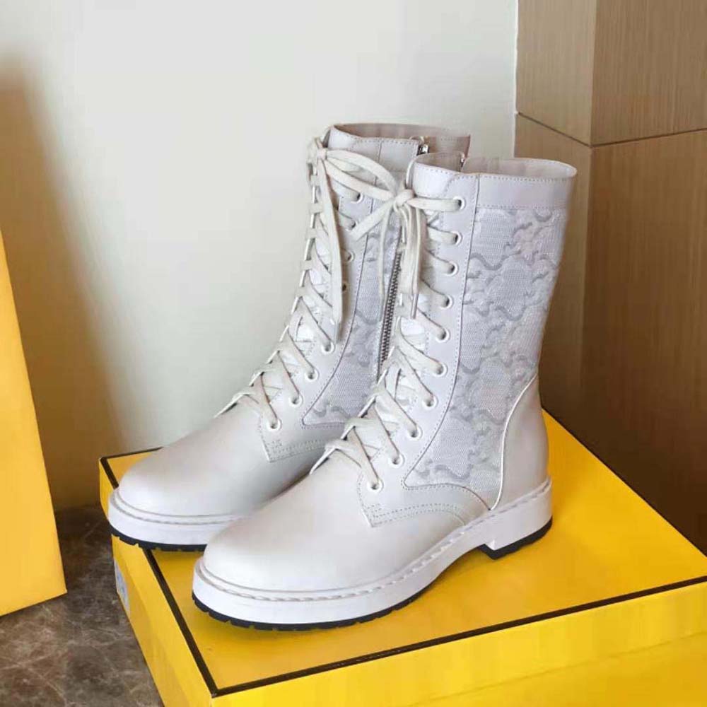 Fendi Women Signature White Leather Biker Boots