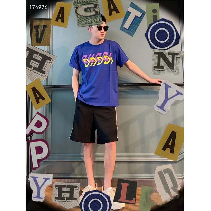 G*u*i gg men cotton jersey t-shirt blue G*u*i mirror print crewneck oversize fit