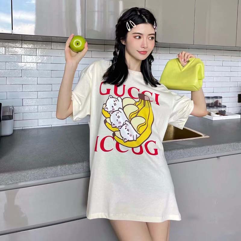G*u*i gg women bananya cat cotton t-shirt white cotton jersey crewneck oversize fit