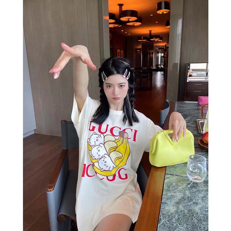 G*u*i gg women bananya cat cotton t-shirt white cotton jersey crewneck oversize fit