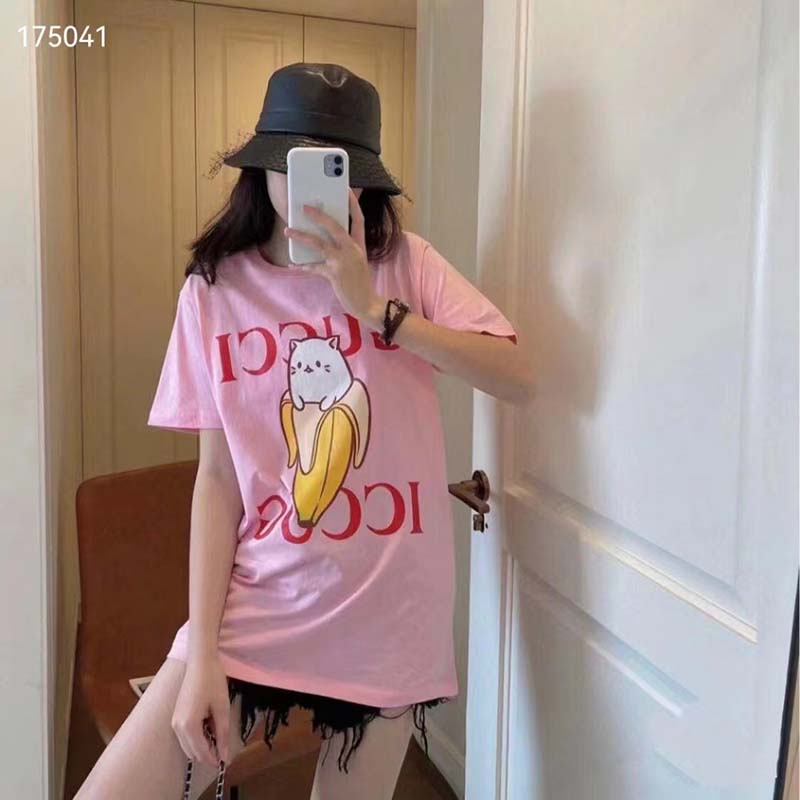 G*u*i gg women bananya cotton t-shirt pink jersey crewneck oversize fit