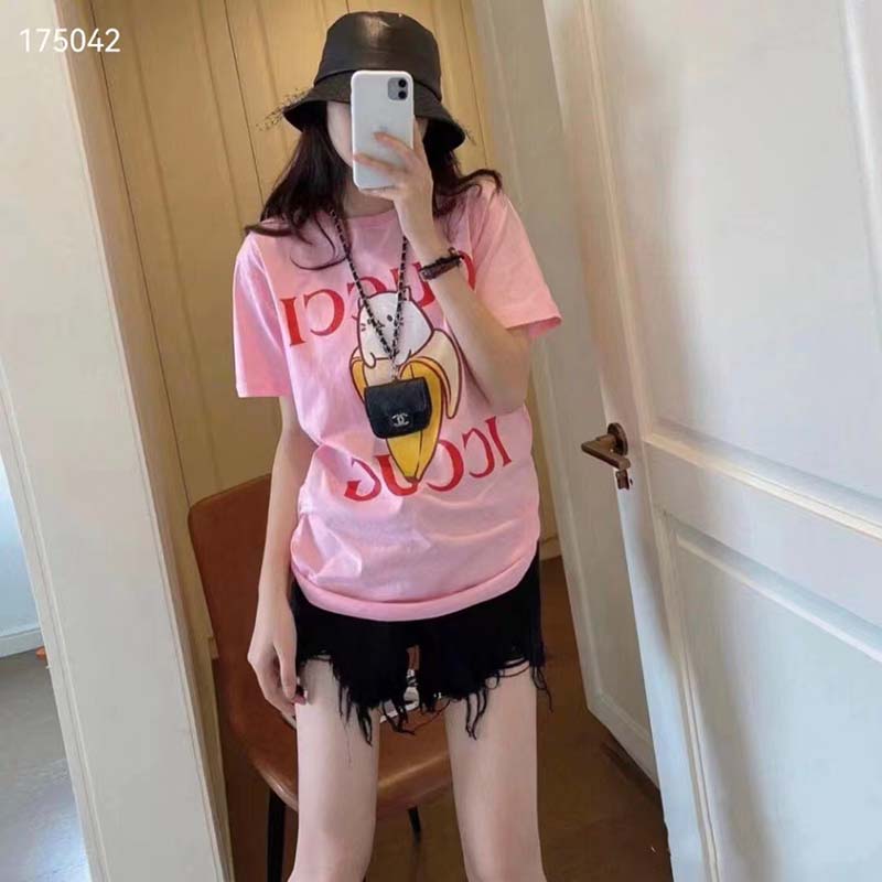 G*u*i gg women bananya cotton t-shirt pink jersey crewneck oversize fit