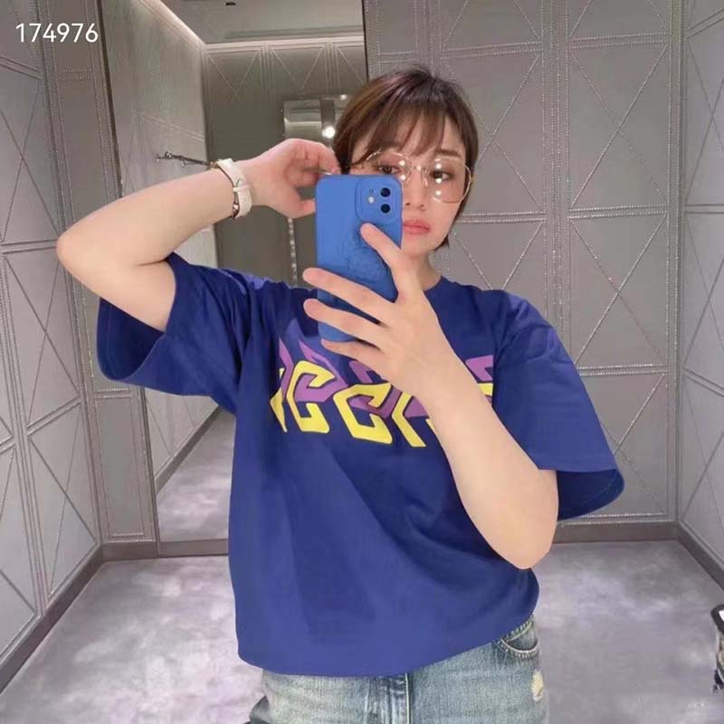G*u*i gg women cotton jersey t-shirt blue G*u*i mirror print crewneck oversize fit