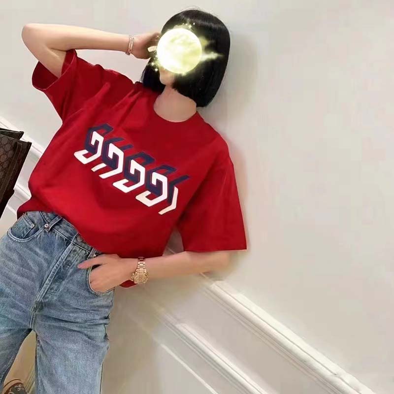 G*u*i gg women cotton jersey t-shirt red G*u*i mirror print crewneck oversize fit