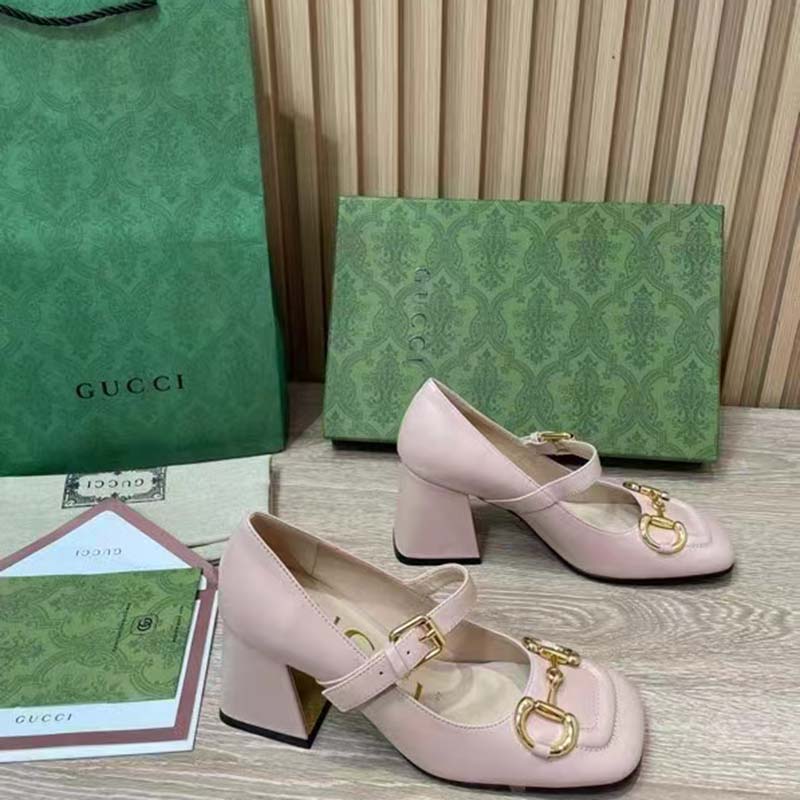 G*u*i gg women’s mid-heel pump with horsebit light pink leather