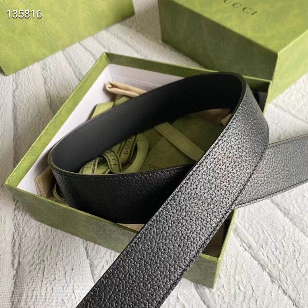 G*u*i unisex gg leather belt with interlocking g black buckle 3.8 cm width