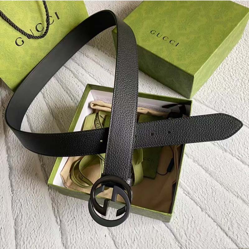G*u*i unisex gg leather belt with interlocking g black buckle 3.8 cm width