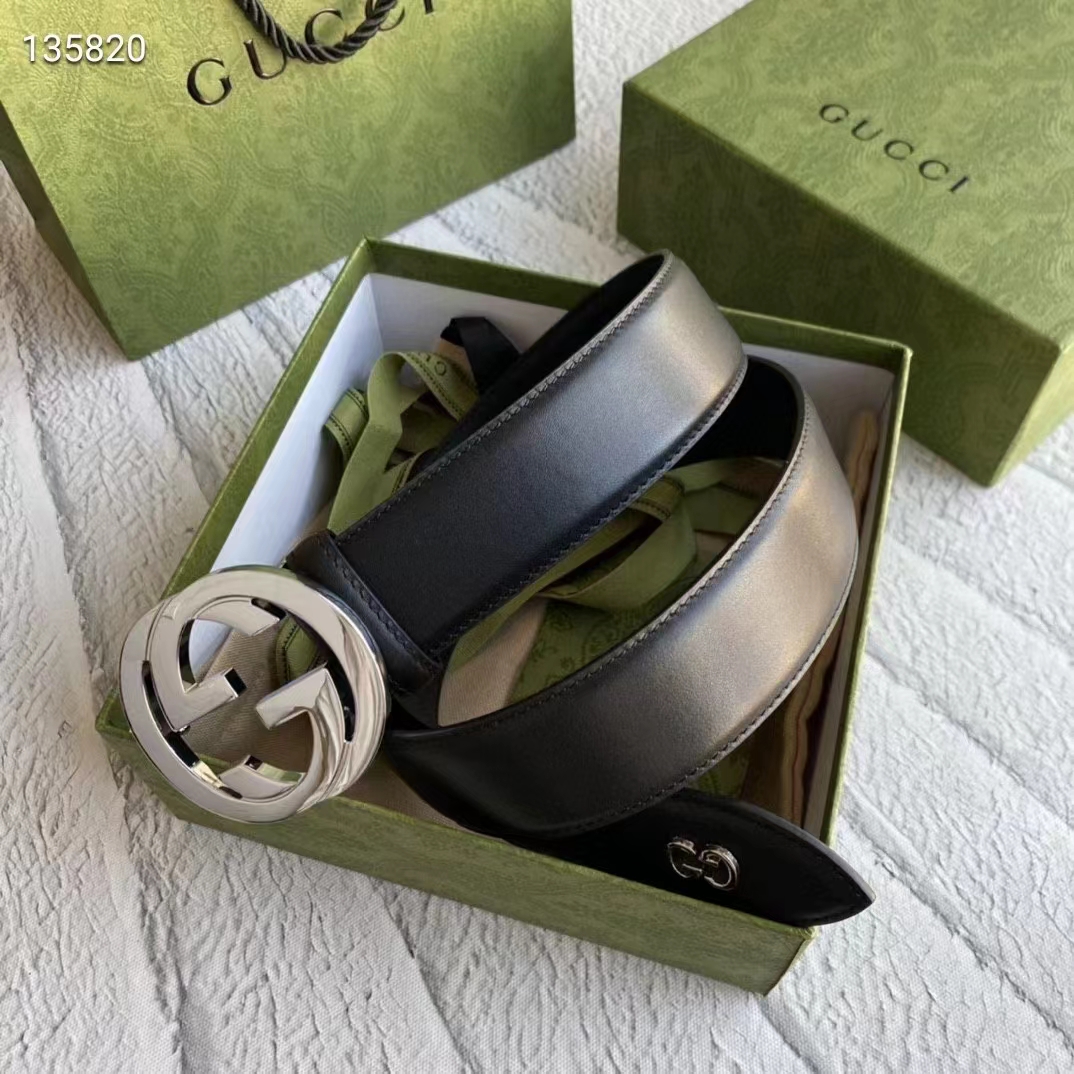 G*u*i unisex gg leather belt with interlocking g black 3.8 cm width