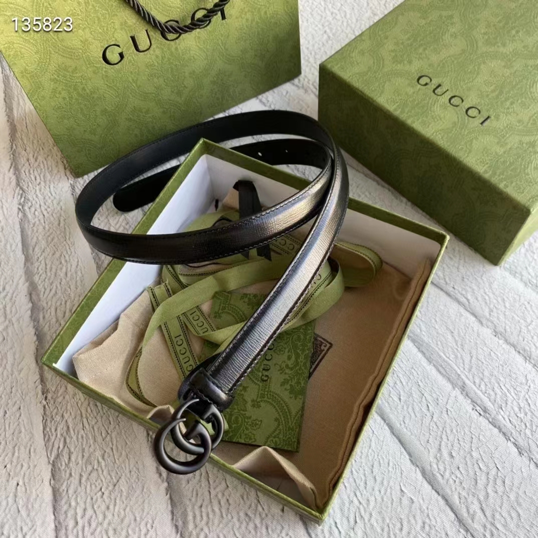 G*u*i unisex gg marmont thin belt black leather double g buckle 2 cm width