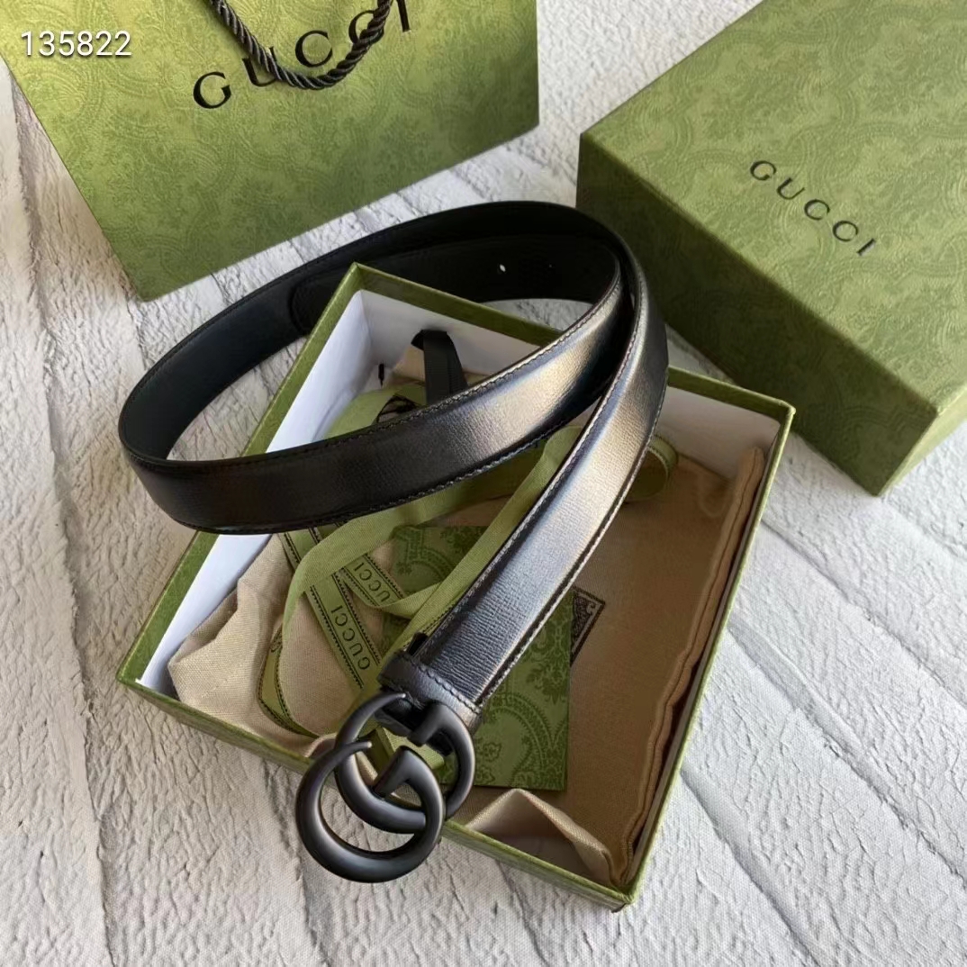 G*u*i unisex gg marmont thin belt black leather double g buckle 2.5 cm width