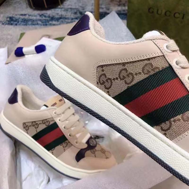 G*u*i unisex gg screener sneaker beige navy leather canvas low 4 cm heel