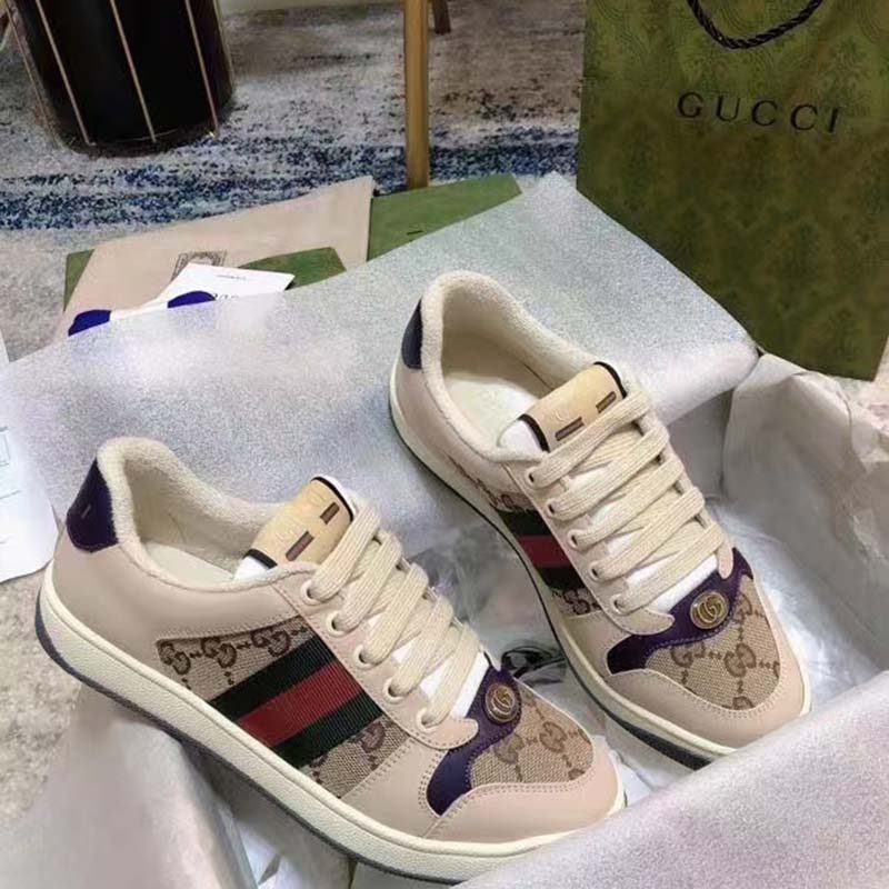 G*u*i unisex gg screener sneaker beige navy leather canvas low 4 cm heel