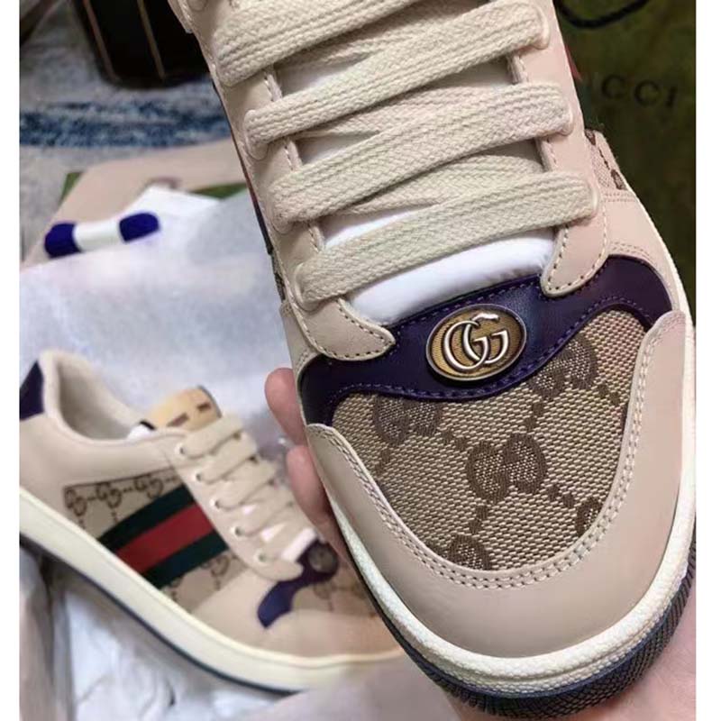 G*u*i unisex gg screener sneaker beige navy leather canvas low 4 cm heel