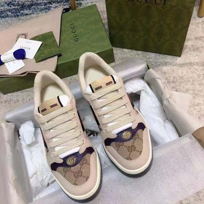 G*u*i unisex gg screener sneaker beige navy leather canvas low 4 cm heel