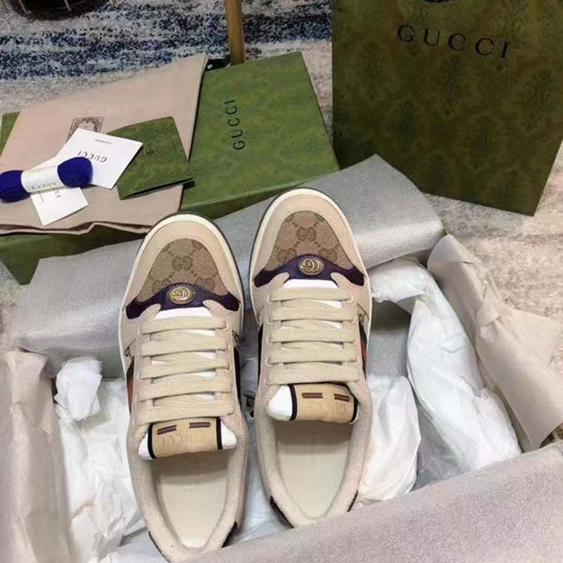 G*u*i unisex gg screener sneaker beige navy leather canvas low 4 cm heel