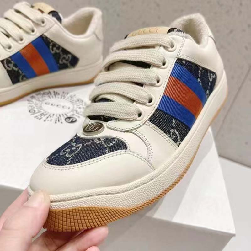 G*u*i unisex screener gg sneaker blue ivory web cream scrap less leather