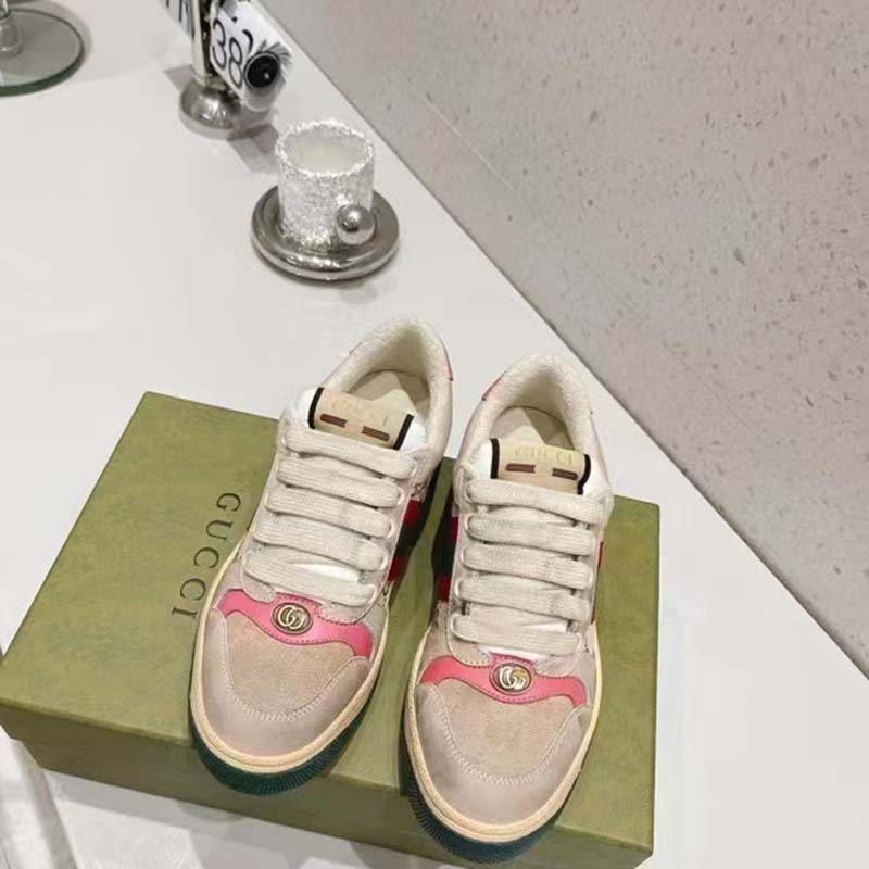G*u*i unisex screener leather sneaker gg canvas green orange web 3cm heel