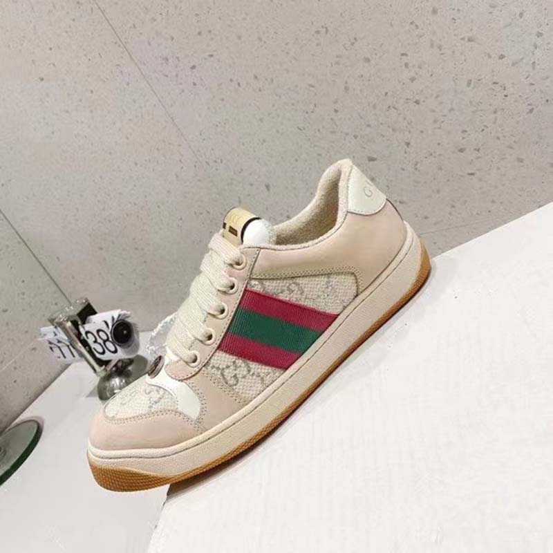 G*u*i unisex screener sneaker pink green web cream scrap less leather
