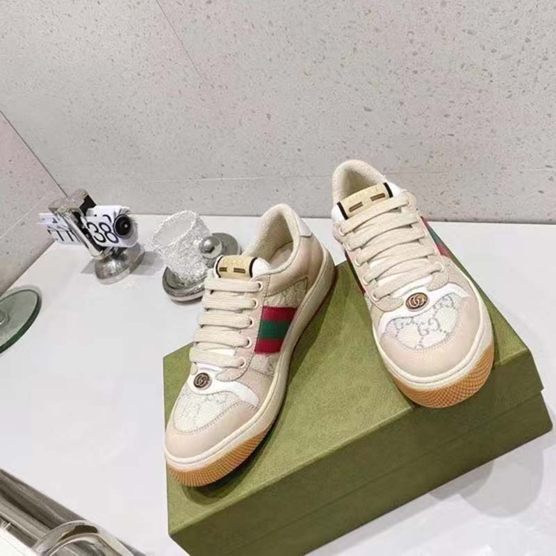 G*u*i unisex screener sneaker pink green web cream scrap less leather