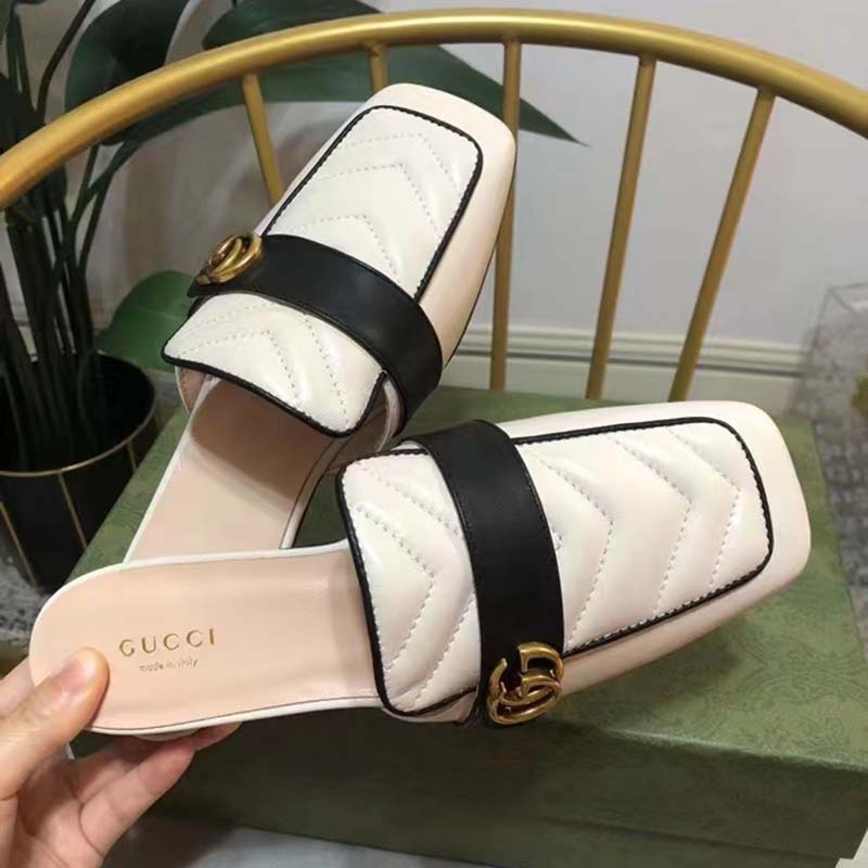 G*u*i unisex women slipper double g white leather matelassé chevron flat