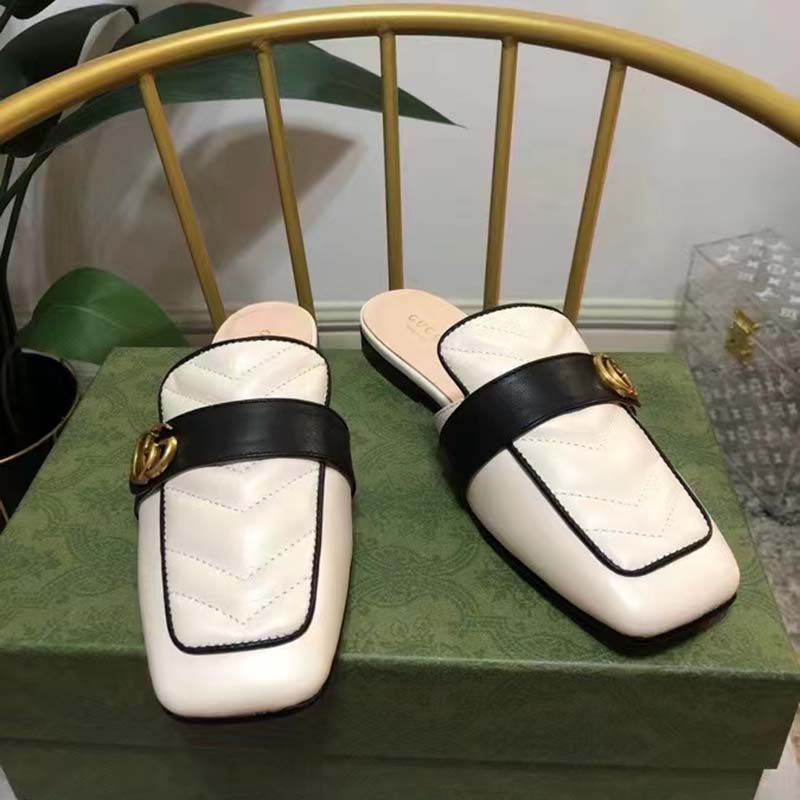 G*u*i unisex women slipper double g white leather matelassé chevron flat