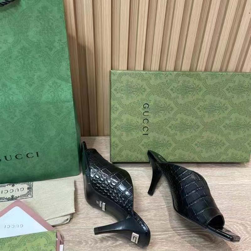 G*u*i women gg crocodile print pump black square toe mid heel