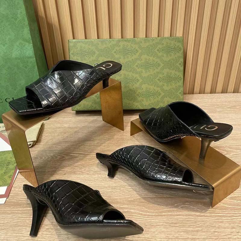G*u*i women gg crocodile print pump black square toe mid heel