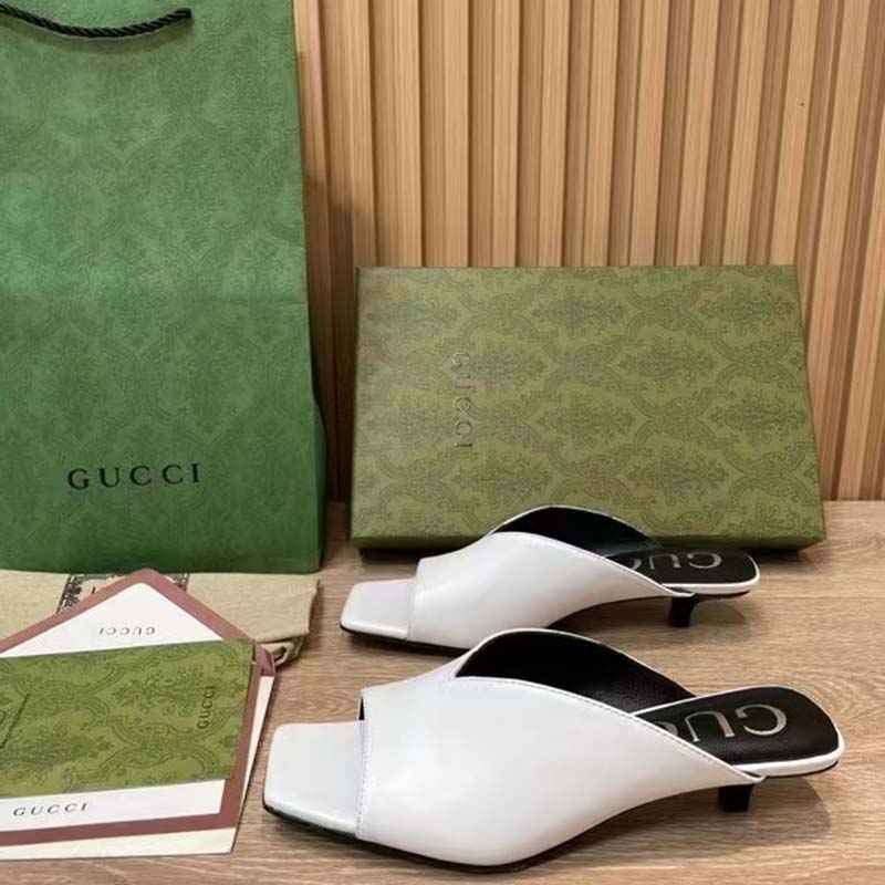 G*u*i women gg low heel sandal white leather square toe