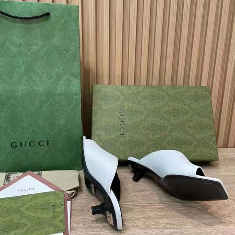 G*u*i women gg low heel sandal white leather square toe
