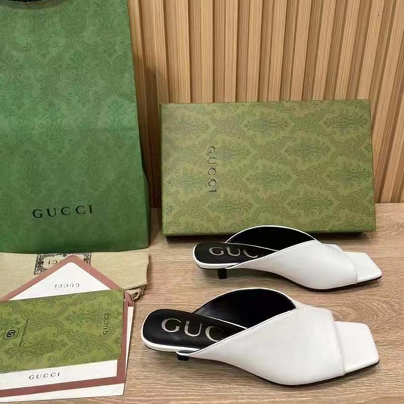 G*u*i women gg low heel sandal white leather square toe