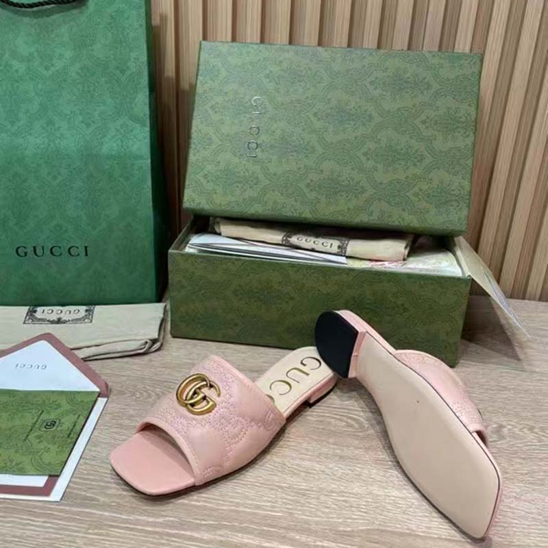 G*u*i women gg matelassé slide sandal beige double g square toe flat
